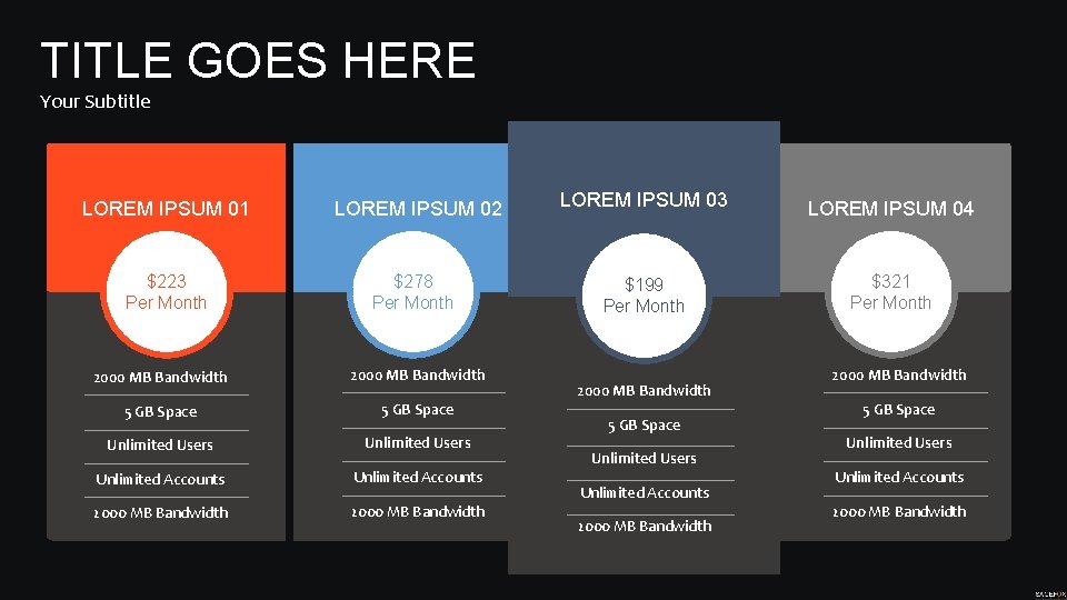 TITLE GOES HERE Your Subtitle LOREM IPSUM 01 LOREM IPSUM 02 $223 Per Month