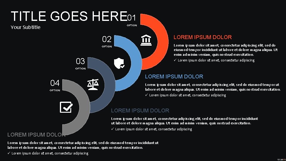 TITLE GOES HERE 01 OPTION Your Subtitle LOREM IPSUM DOLOR 02 Lorem ipsum dolor