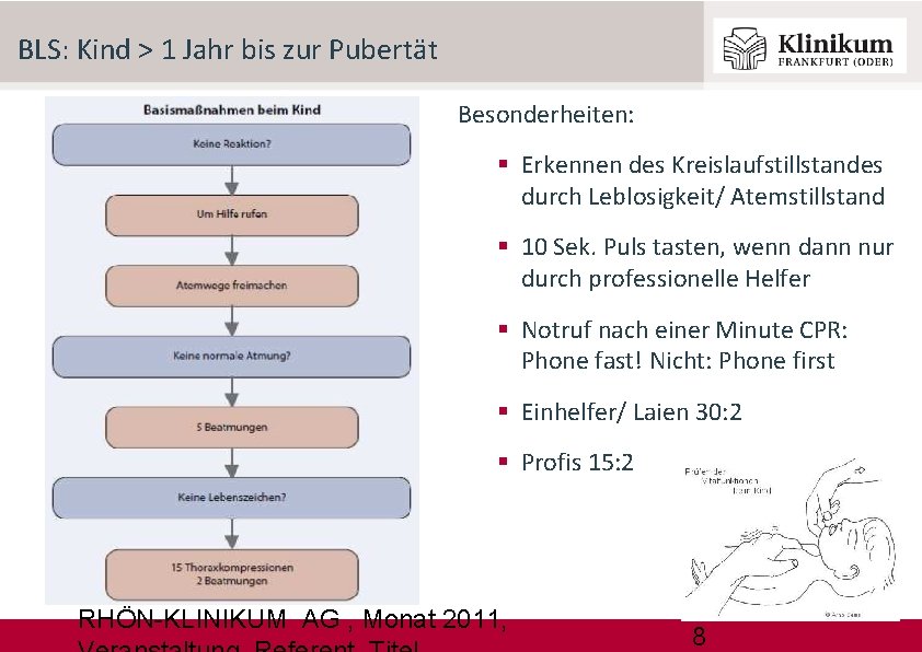 BLS: Kind > 1 Jahr bis zur Pubertät Besonderheiten: Erkennen des Kreislaufstillstandes durch Leblosigkeit/