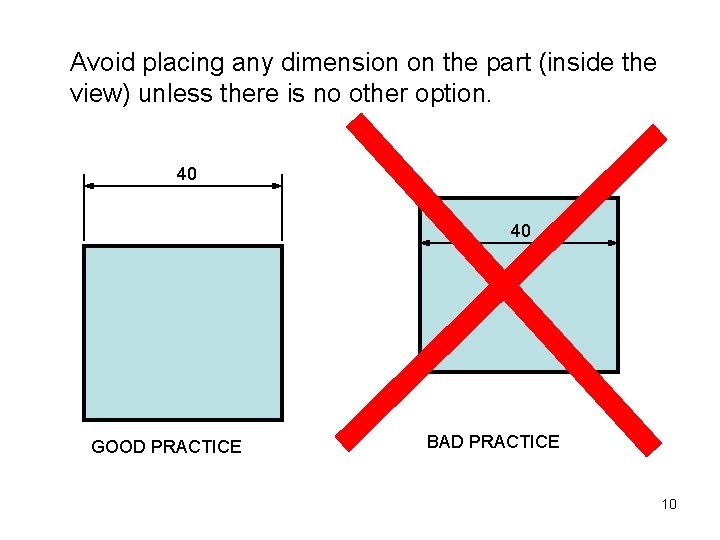 Avoid placing any dimension on the part (inside the view) unless there is no Avoid placing any dimension on the part (inside the view) unless there is no