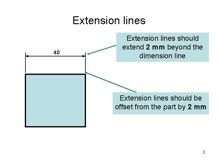 Extension lines 40 Extension lines should extend 2 mm beyond the dimension line Extension Extension lines 40 Extension lines should extend 2 mm beyond the dimension line Extension