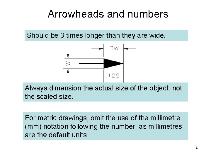 Arrowheads and numbers Should be 3 times longer than they are wide. Always dimension Arrowheads and numbers Should be 3 times longer than they are wide. Always dimension
