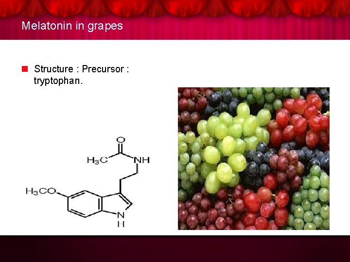 Melatonin in grapes n Structure : Precursor : tryptophan. 