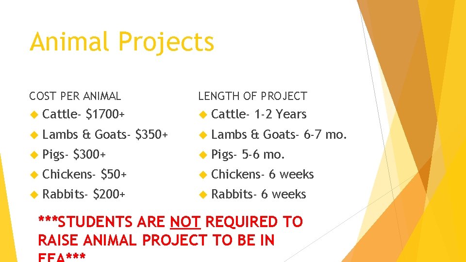 Animal Projects COST PER ANIMAL LENGTH OF PROJECT Cattle- Lambs Pigs- $1700+ & Goats-