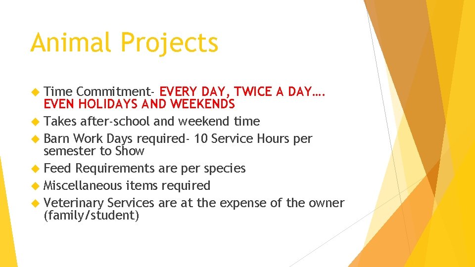 Animal Projects Time Commitment- EVERY DAY, TWICE A DAY…. EVEN HOLIDAYS AND WEEKENDS Takes