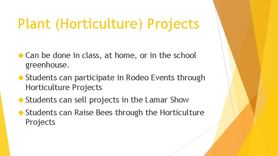 Plant (Horticulture) Projects Can be done in class, at home, or in the school