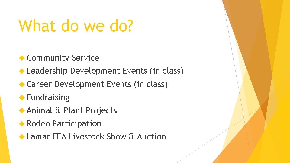 What do we do? Community Service Leadership Development Events (in class) Career Development Events