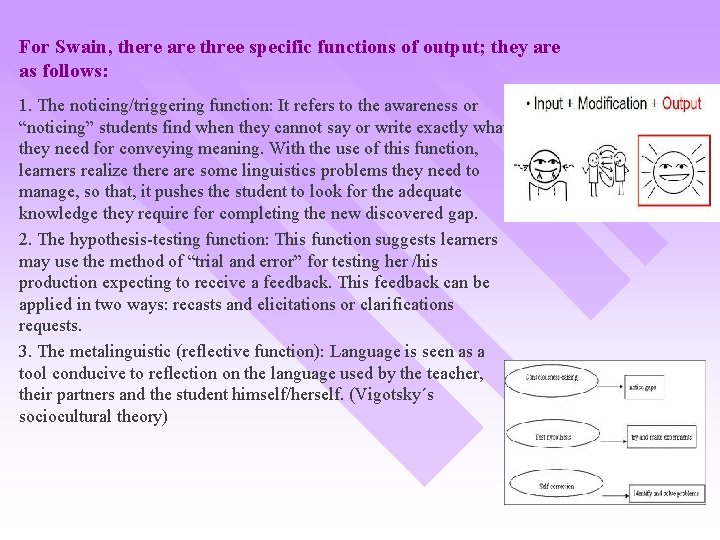 For Swain, there are three specific functions of output; they are as follows: 1.