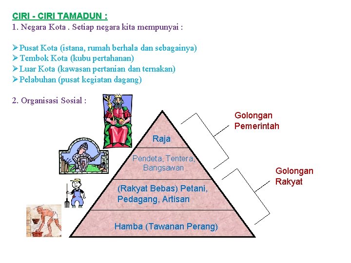 CIRI - CIRI TAMADUN : 1. Negara Kota. Setiap negara kita mempunyai : ØPusat