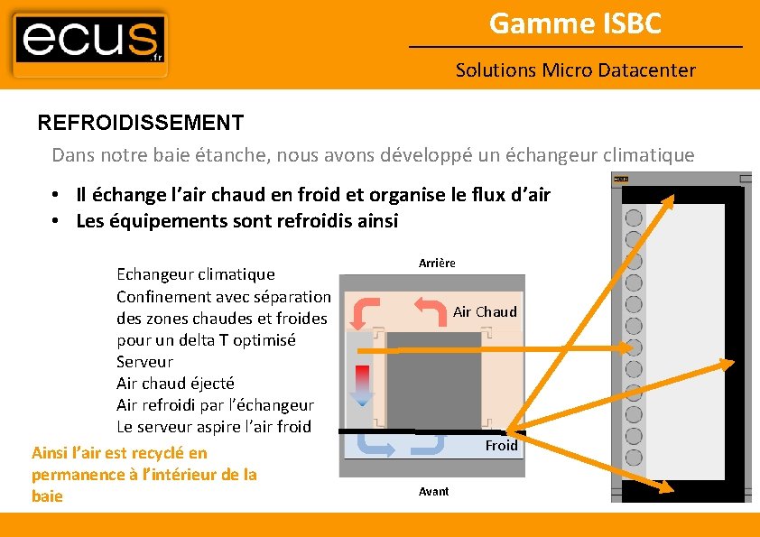 Gamme ISBC Solutions Micro Datacenter REFROIDISSEMENT Dans notre baie étanche, nous avons développé un