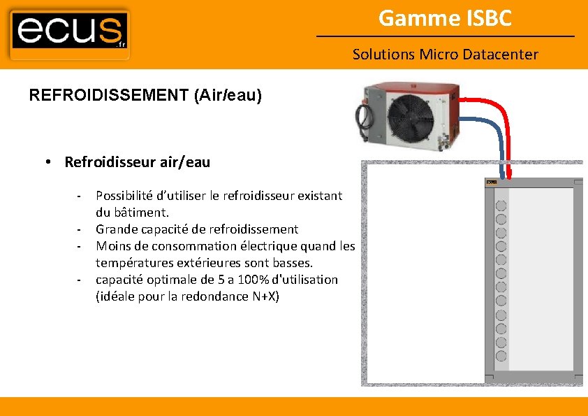 Gamme ISBC Solutions Micro Datacenter REFROIDISSEMENT (Air/eau) • Refroidisseur air/eau - Possibilité d’utiliser le