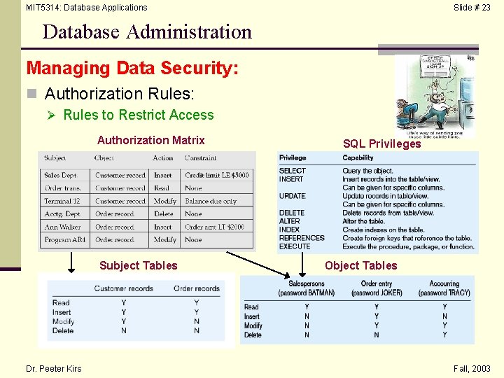 MIT 5314: Database Applications Slide # 23 Database Administration Managing Data Security: n Authorization