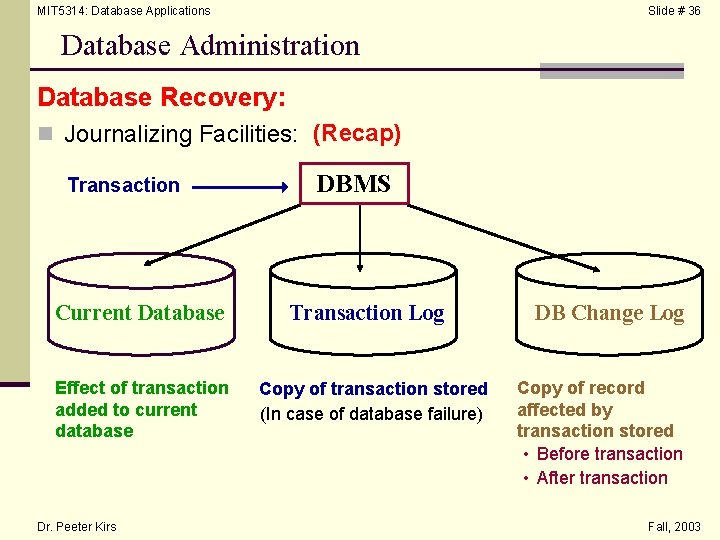 MIT 5314: Database Applications Slide # 36 Database Administration Database Recovery: n Journalizing Facilities: