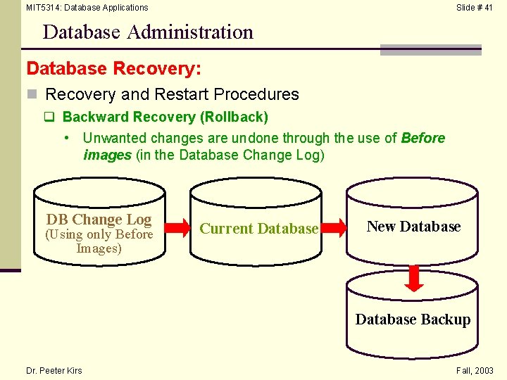 MIT 5314: Database Applications Slide # 41 Database Administration Database Recovery: n Recovery and
