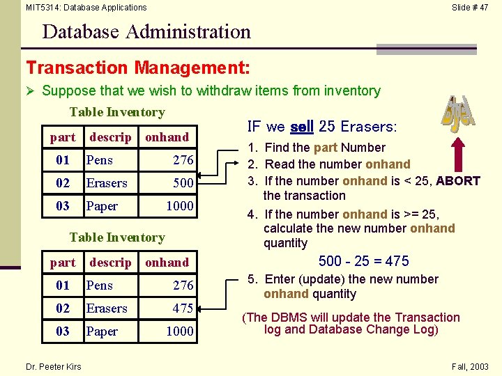 MIT 5314: Database Applications Slide # 47 Database Administration Transaction Management: Ø Suppose that