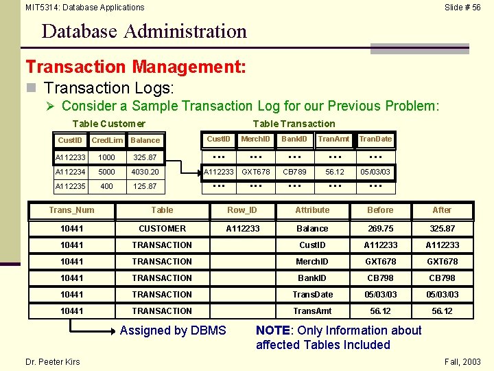 MIT 5314: Database Applications Slide # 56 Database Administration Transaction Management: n Transaction Logs: