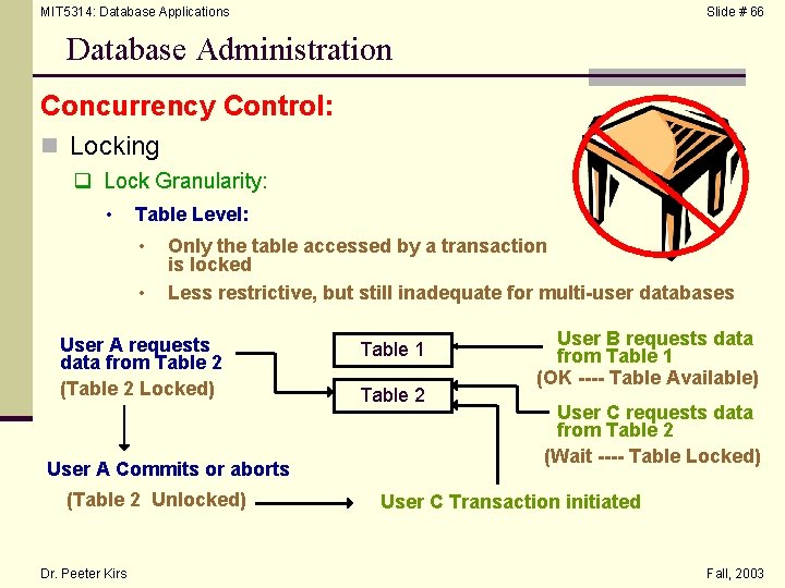 MIT 5314: Database Applications Slide # 66 Database Administration Concurrency Control: n Locking q