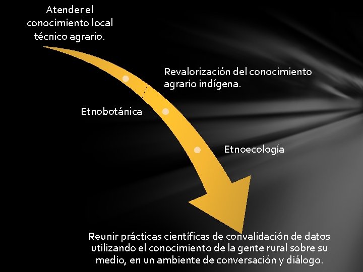 Atender el conocimiento local técnico agrario. Revalorización del conocimiento agrario indígena. Etnobotánica Etnoecología Reunir