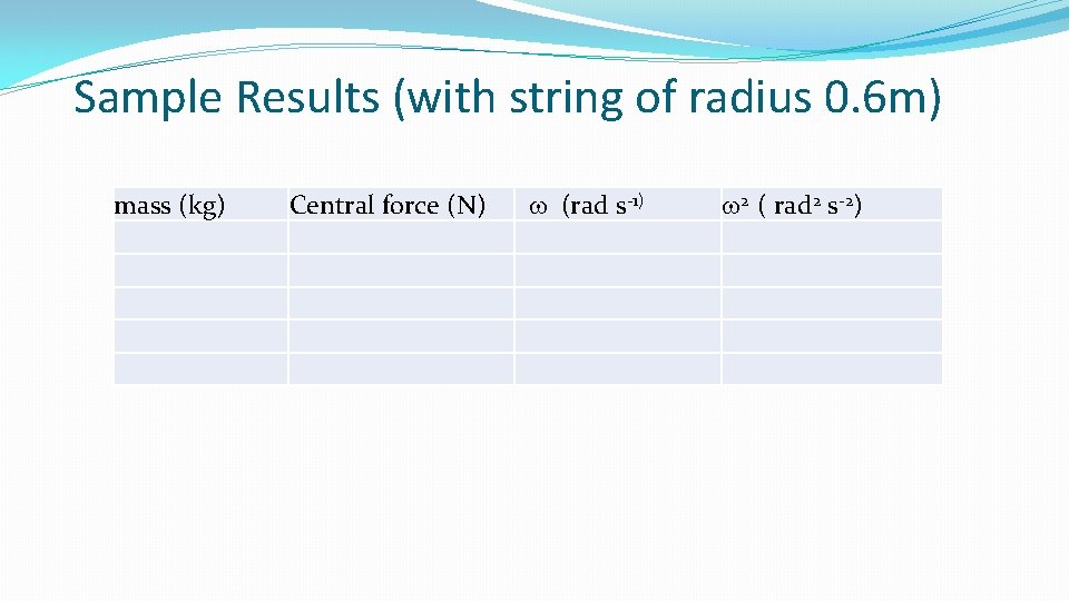 Sample Results (with string of radius 0. 6 m) mass (kg) Central force (N) Sample Results (with string of radius 0. 6 m) mass (kg) Central force (N)