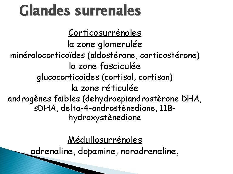 Glandes surrenales Corticosurrénales la zone glomerulée minéralocorticoïdes (aldostérone, corticostérone) la zone fasciculée glucocorticoides (cortisol,