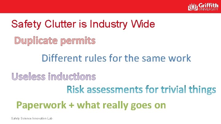 Safety Clutter is Industry Wide Duplicate permits Different rules for the same work Paperwork