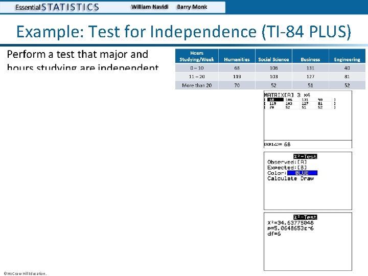Example: Test for Independence (TI-84 PLUS) • ©Mc. Graw-Hill Education. 
