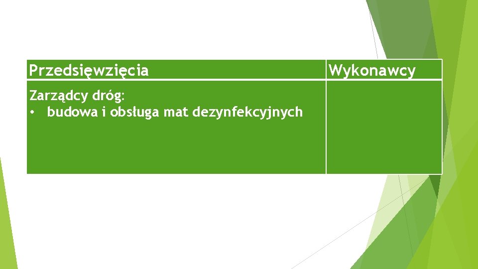 Przedsięwzięcia Zarządcy dróg: • budowa i obsługa mat dezynfekcyjnych Wykonawcy 