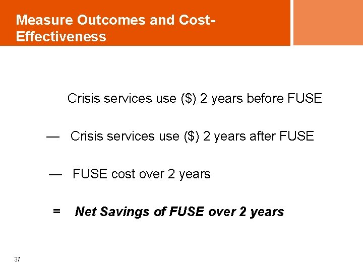 Measure Outcomes and Cost. Effectiveness Crisis services use ($) 2 years before FUSE —