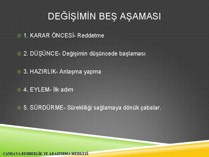 DEĞİŞİMİN BEŞ AŞAMASI 1. KARAR ÖNCESİ- Reddetme 2. DÜŞÜNCE- Değişimin düşüncede başlaması 3. HAZIRLIK-