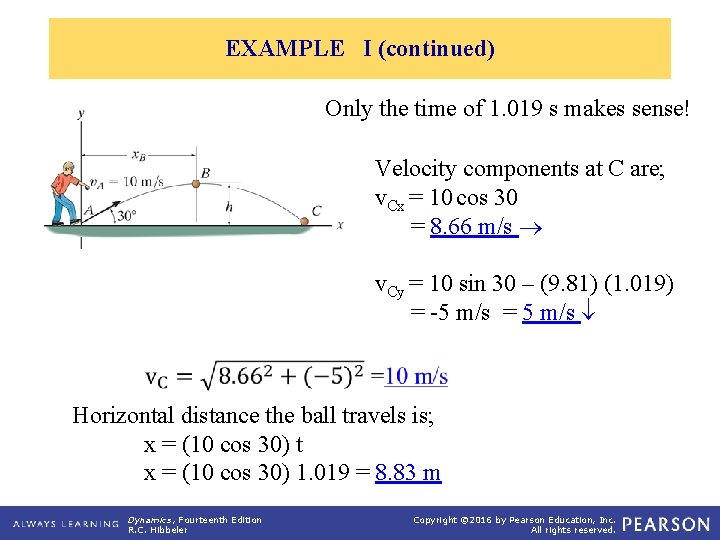 EXAMPLE I (continued) Only the time of 1. 019 s makes sense! Velocity components