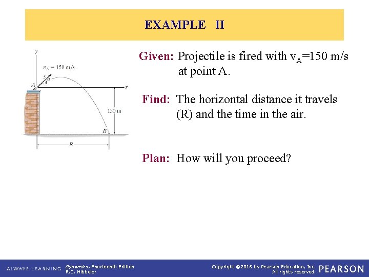 EXAMPLE II Given: Projectile is fired with v. A=150 m/s at point A. Find: