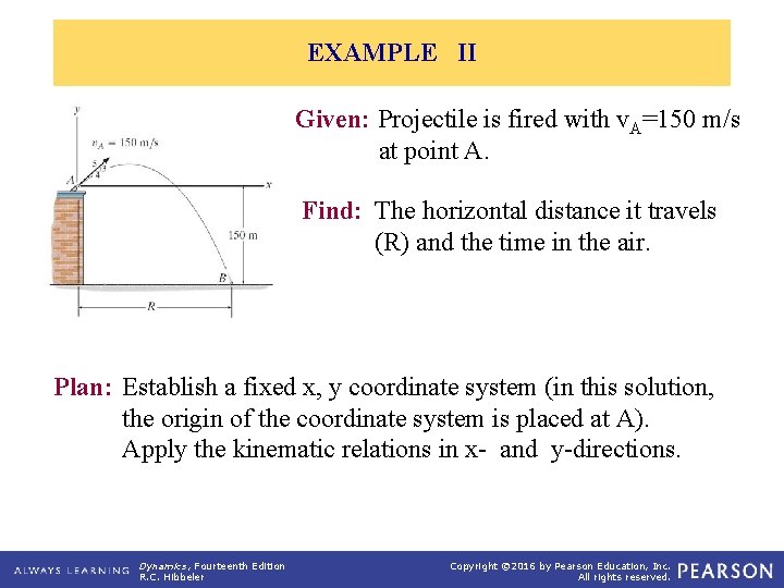 EXAMPLE II Given: Projectile is fired with v. A=150 m/s at point A. Find: