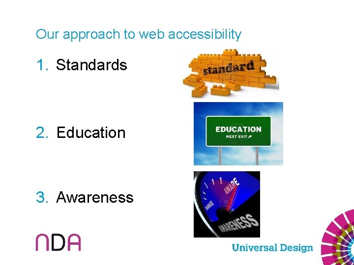 Our approach to web accessibility 1. Standards 2. Education 3. Awareness 