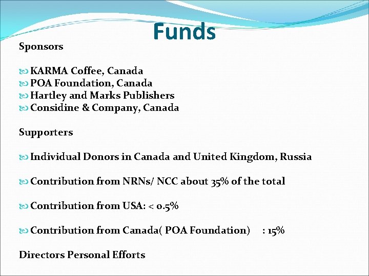 Sponsors Funds KARMA Coffee, Canada POA Foundation, Canada Hartley and Marks Publishers Considine &