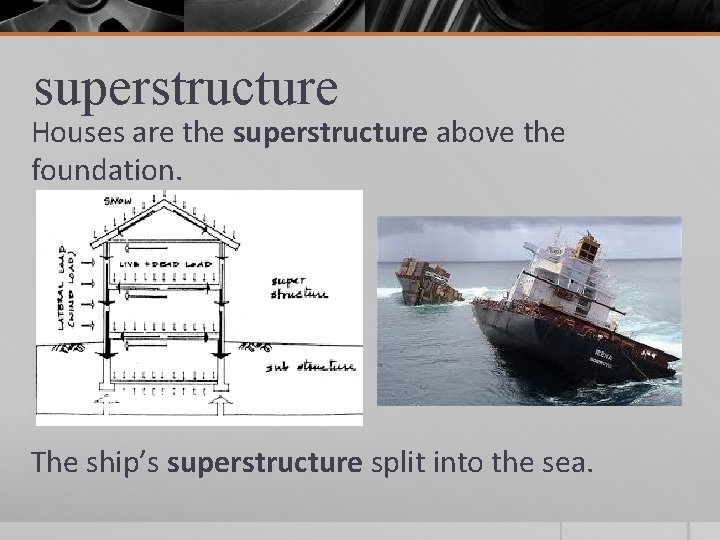 superstructure Houses are the superstructure above the foundation. The ship’s superstructure split into the