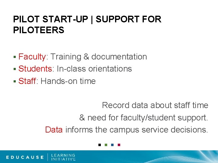 PILOT START-UP | SUPPORT FOR PILOTEERS Faculty: Training & documentation § Students: In-class orientations