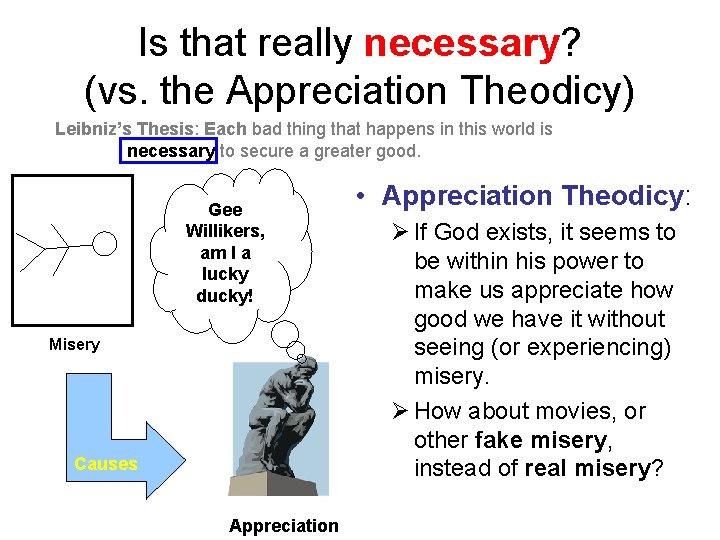 Is that really necessary? (vs. the Appreciation Theodicy) Leibniz’s Thesis: Each bad thing that