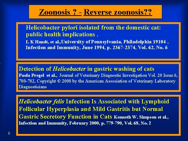Zoonosis ? - Reverse zoonosis? ? Helicobacter pylori isolated from the domestic cat: public