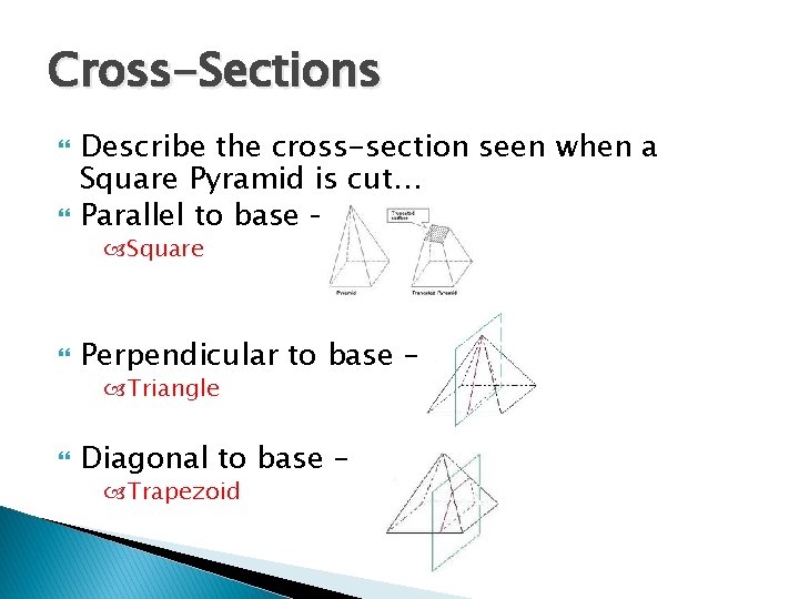 Cross-Sections Describe the cross-section seen when a Square Pyramid is cut… Parallel to base