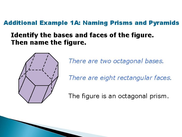 Additional Example 1 A: Naming Prisms and Pyramids Identify the bases and faces of