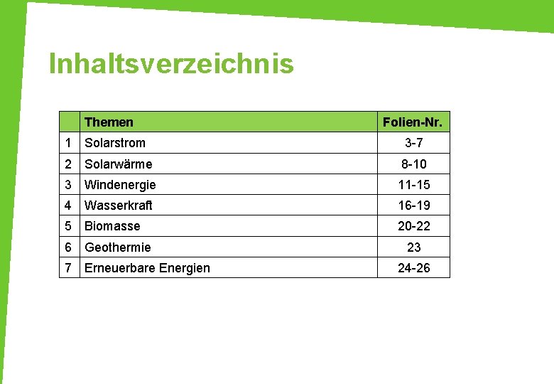 Inhaltsverzeichnis Themen Folien-Nr. 1 Solarstrom 3 -7 2 Solarwärme 8 -10 3 Windenergie 11