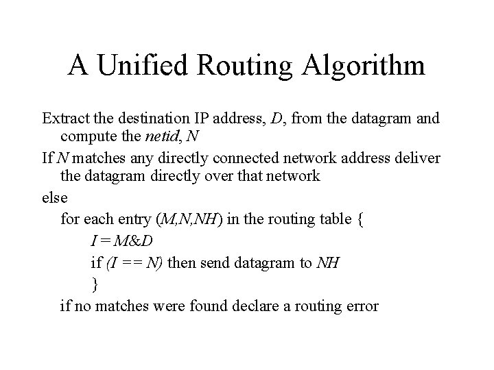 A Unified Routing Algorithm Extract the destination IP address, D, from the datagram and