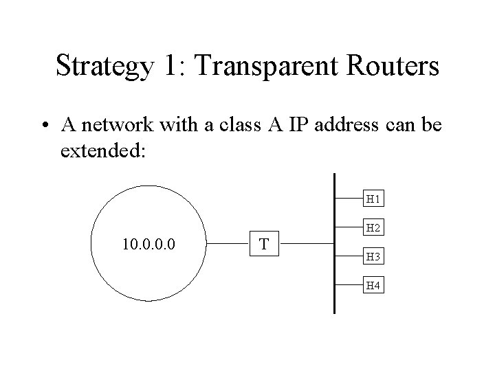 Strategy 1: Transparent Routers • A network with a class A IP address can