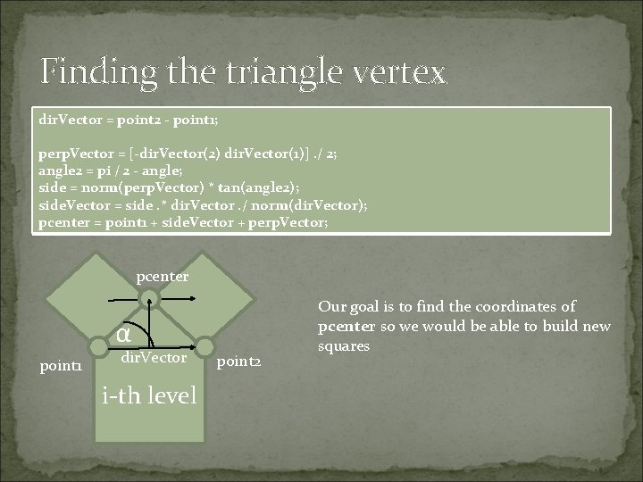 Finding the triangle vertex dir. Vector = point 2 - point 1; perp. Vector Finding the triangle vertex dir. Vector = point 2 - point 1; perp. Vector