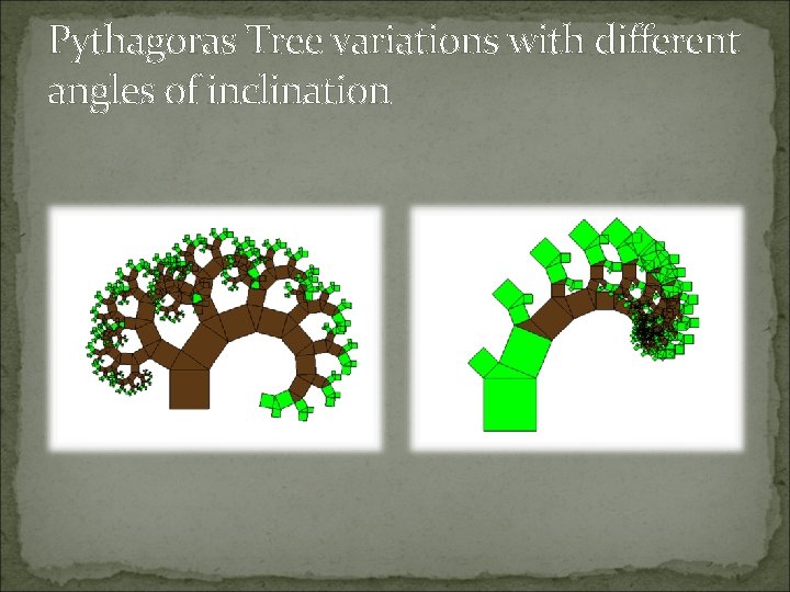 Pythagoras Tree variations with different angles of inclination Pythagoras Tree variations with different angles of inclination