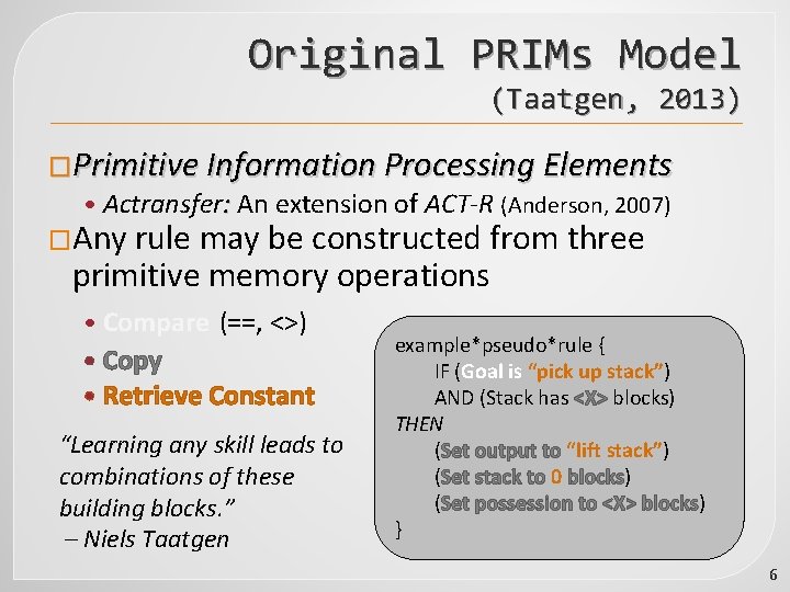 Original PRIMs Model (Taatgen, 2013) �Primitive Information Processing Elements • Actransfer: An extension of