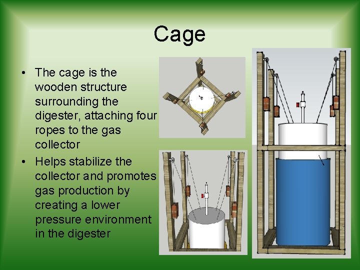 Cage • The cage is the wooden structure surrounding the digester, attaching four ropes