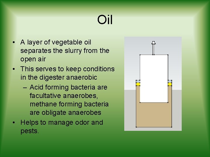 Oil • A layer of vegetable oil separates the slurry from the open air