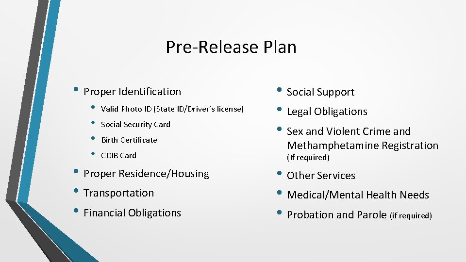 Pre-Release Plan • Proper Identification • • Valid Photo ID (State ID/Driver’s license) Social