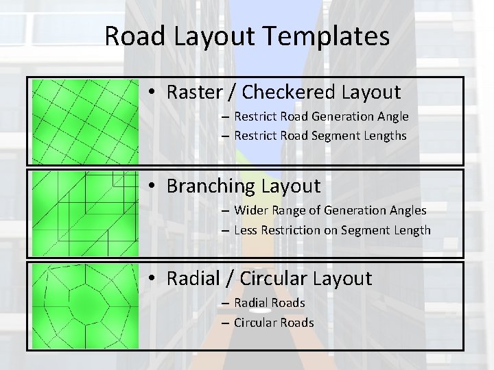 Road Layout Templates • Raster / Checkered Layout – Restrict Road Generation Angle –